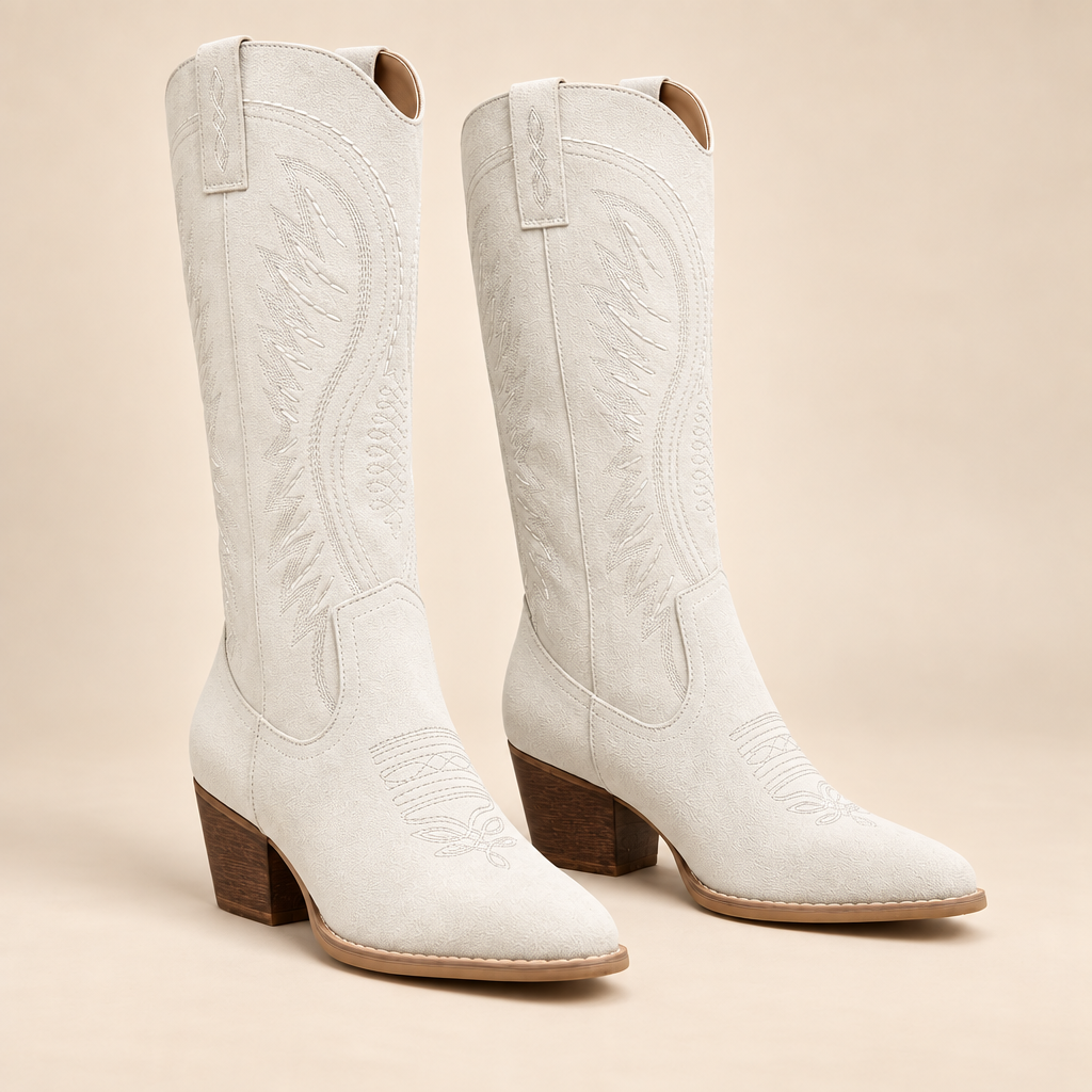 Embroidered Knee High Cowboy Boots Faux Leather Pointed Toe Block Heel 1