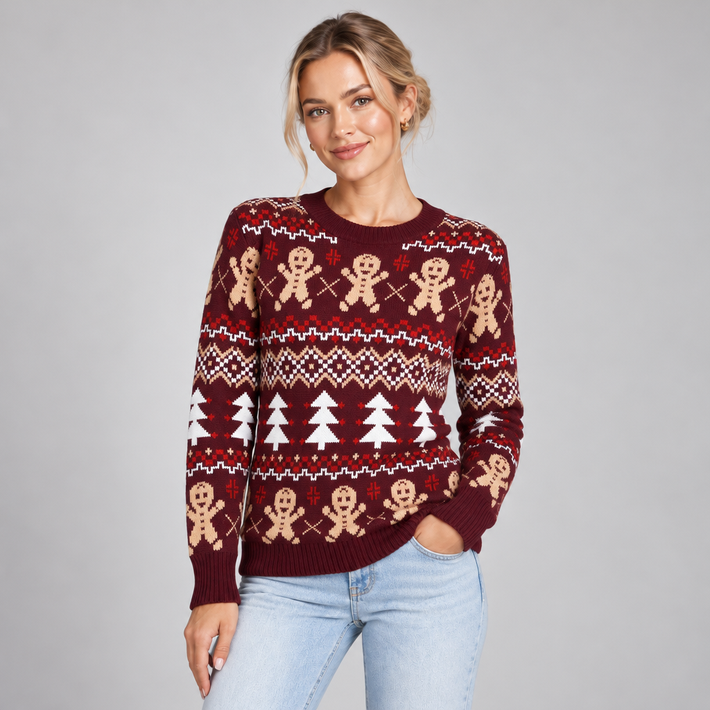 Fair Isle Christmas Jumper with Gingerbread Motif Burgundy 0