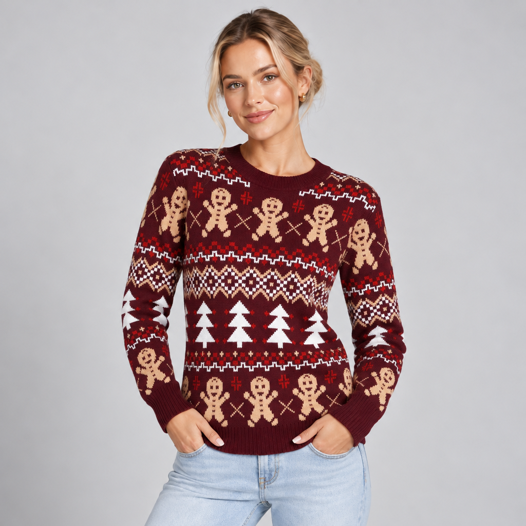 Fair Isle Christmas Jumper with Gingerbread Motif Burgundy 1