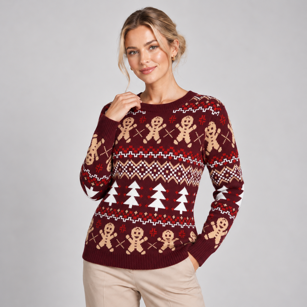 Fair Isle Christmas Jumper with Gingerbread Motif Burgundy 2