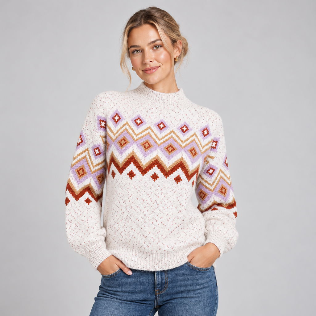 Fair Isle High Neck Jumper Relaxed Fit Nordic Pattern Cotton Blend 0