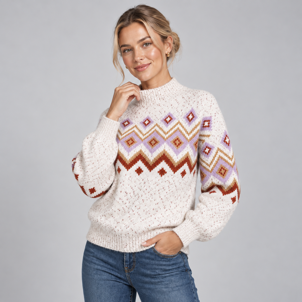 Fair Isle High Neck Jumper Relaxed Fit Nordic Pattern Cotton Blend 1