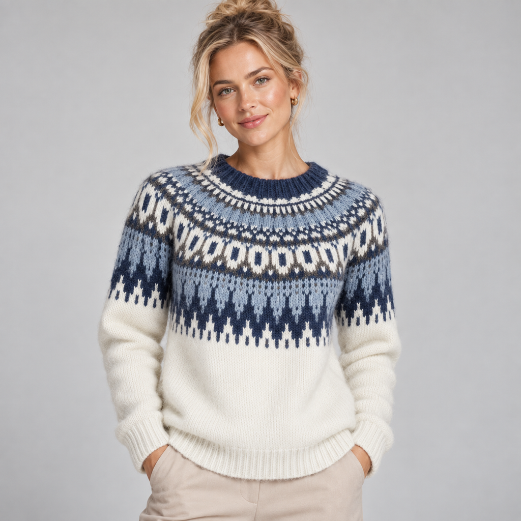 Fair Isle Jumper Women Crew Neck Nordic Yoke Relaxed Fit 0