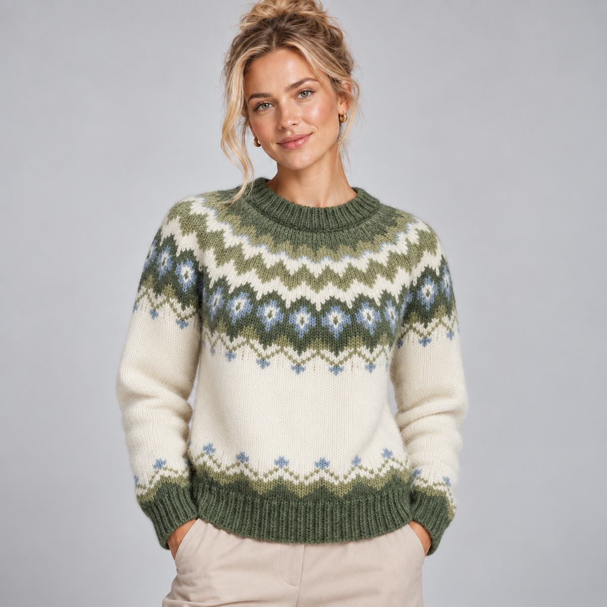 Fair Isle Jumper Women Crew Neck Nordic Yoke Relaxed Fit 3
