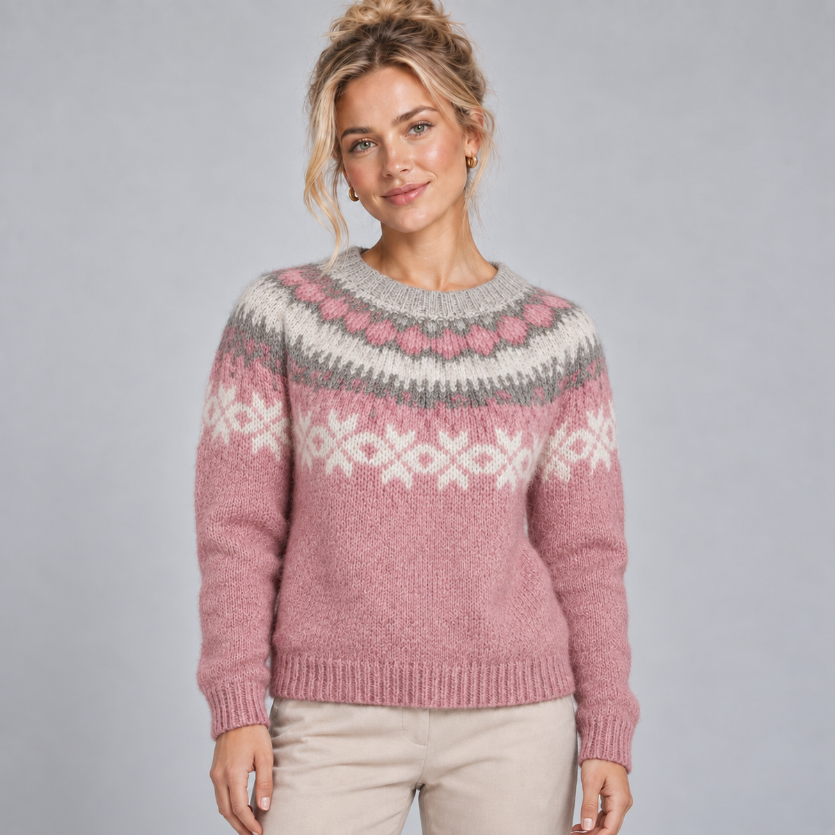 Fair Isle Jumper Women Crew Neck Nordic Yoke Relaxed Fit 4