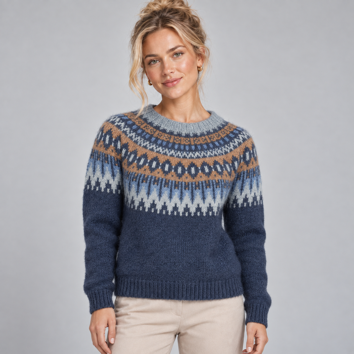 Fair Isle Jumper Women Crew Neck Nordic Yoke Relaxed Fit 5