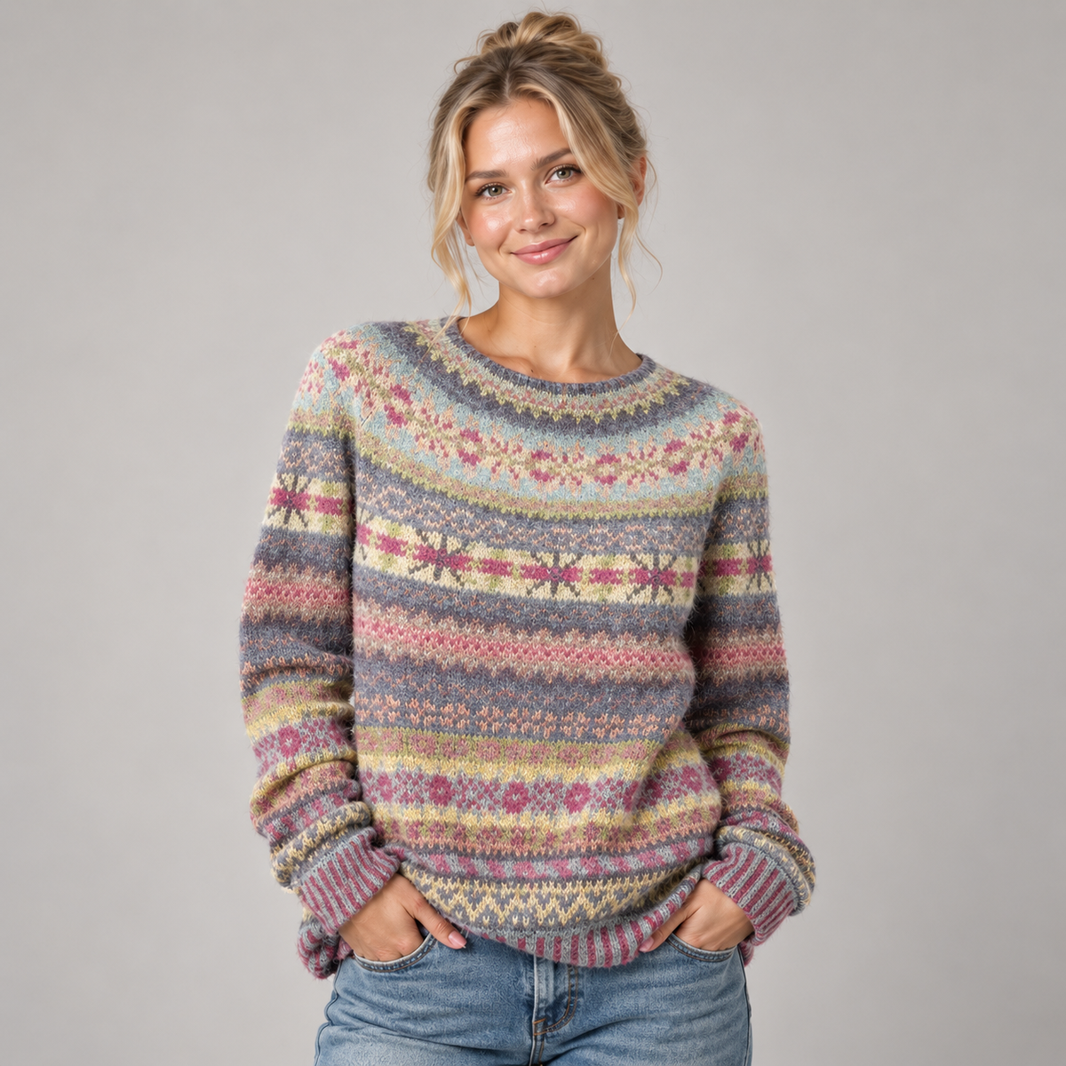 Fair Isle Jumper Women Oversized Crew Neck Multicolour Knit 1