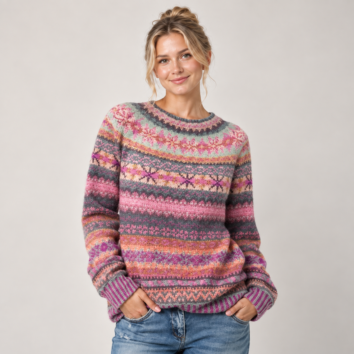 Fair Isle Jumper Women Oversized Crew Neck Multicolour Knit 2