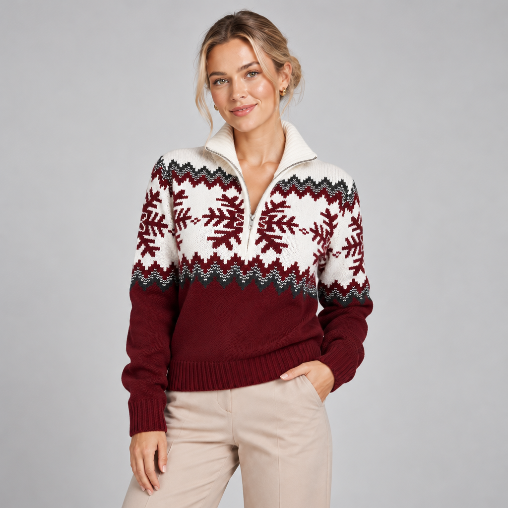 Fair Isle Quarter Zip Jumper Funnel Neck Snowflake Pattern 2