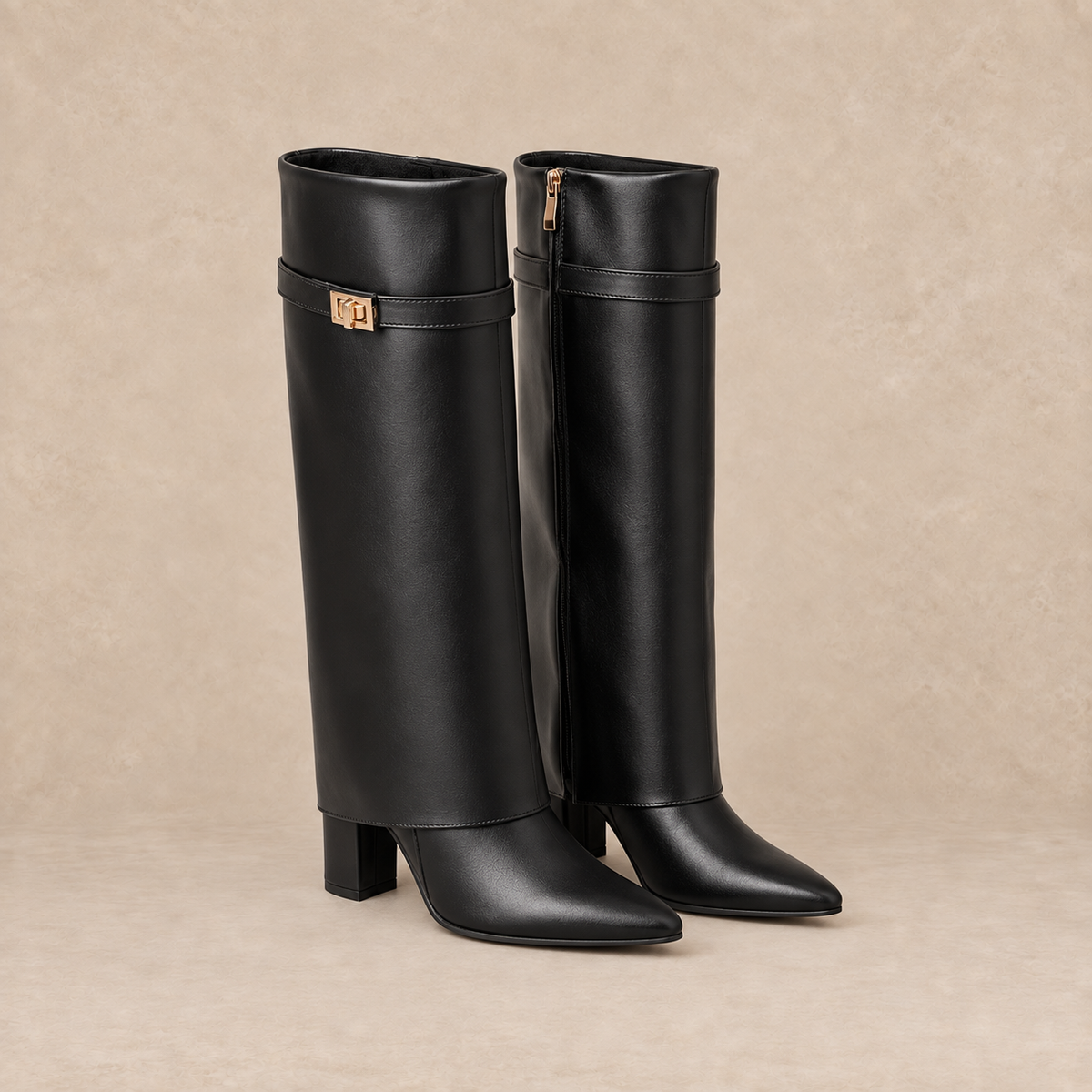 Faux Leather Knee High Boots with Block Heel and Buckle 1
