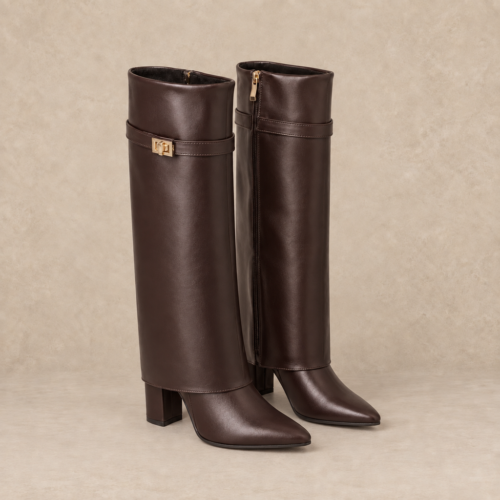 Faux Leather Knee High Boots with Block Heel and Buckle 3