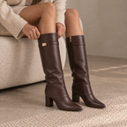 Faux Leather Knee High Boots with Block Heel and Buckle 4