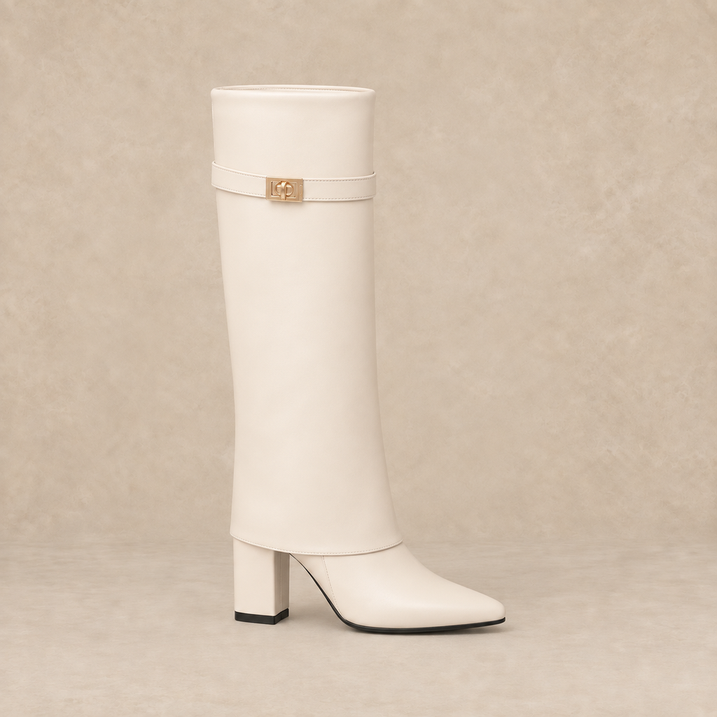 Faux Leather Knee High Boots with Block Heel and Buckle 5