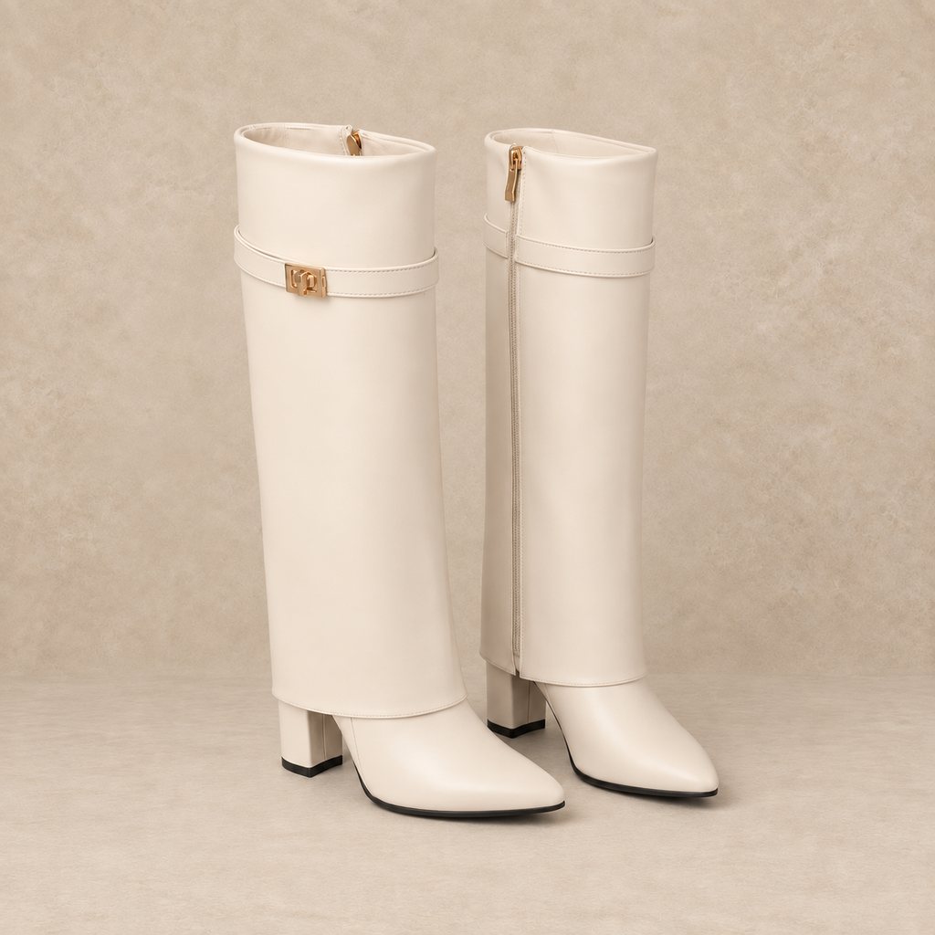 Faux Leather Knee High Boots with Block Heel and Buckle 6