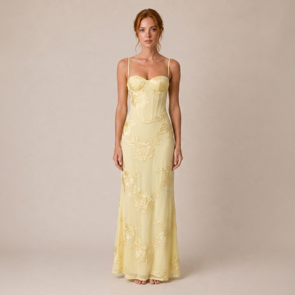Floral Jacquard Corset Maxi Dress for Wedding Guests 0