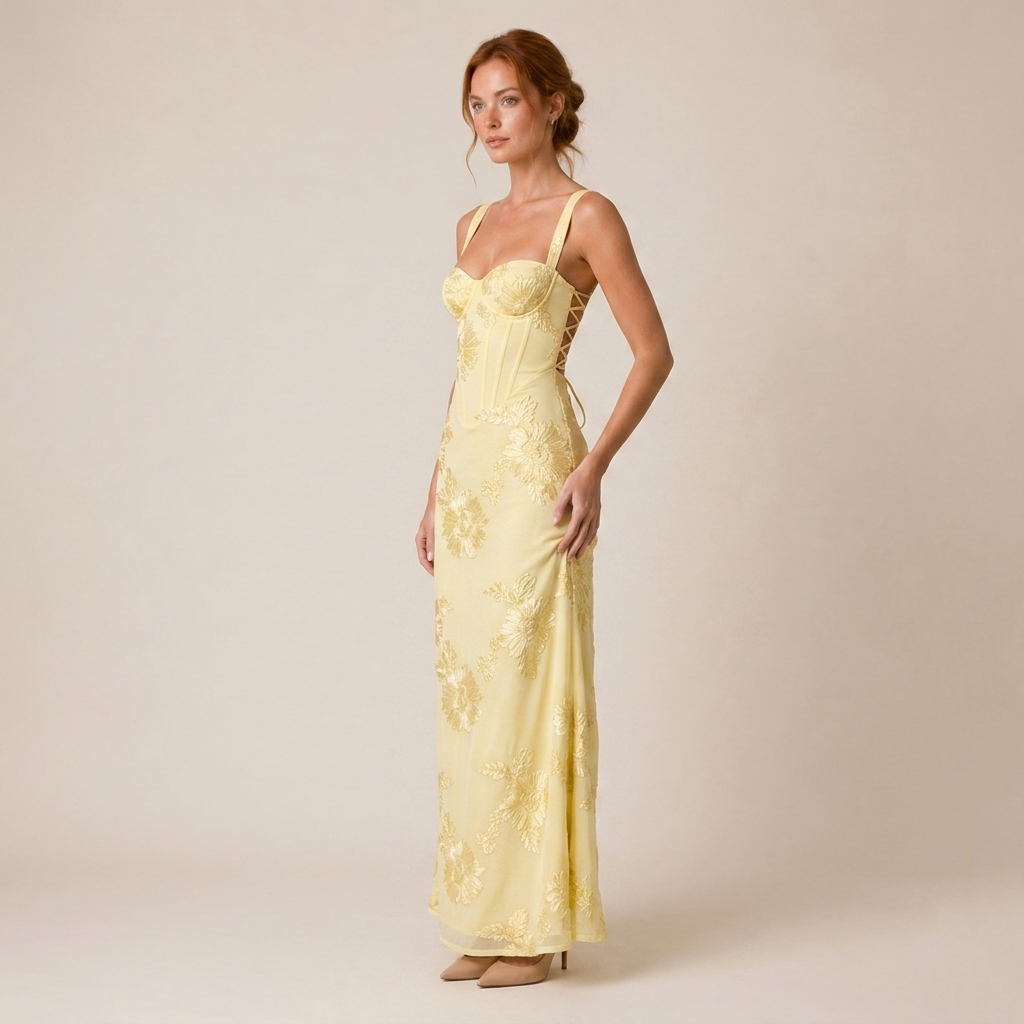Floral Jacquard Corset Maxi Dress for Wedding Guests 1