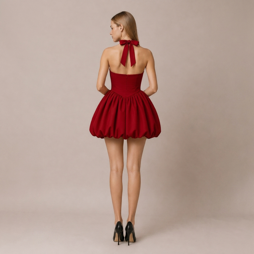 Halterneck Mini Dress with Voluminous Skirt 11