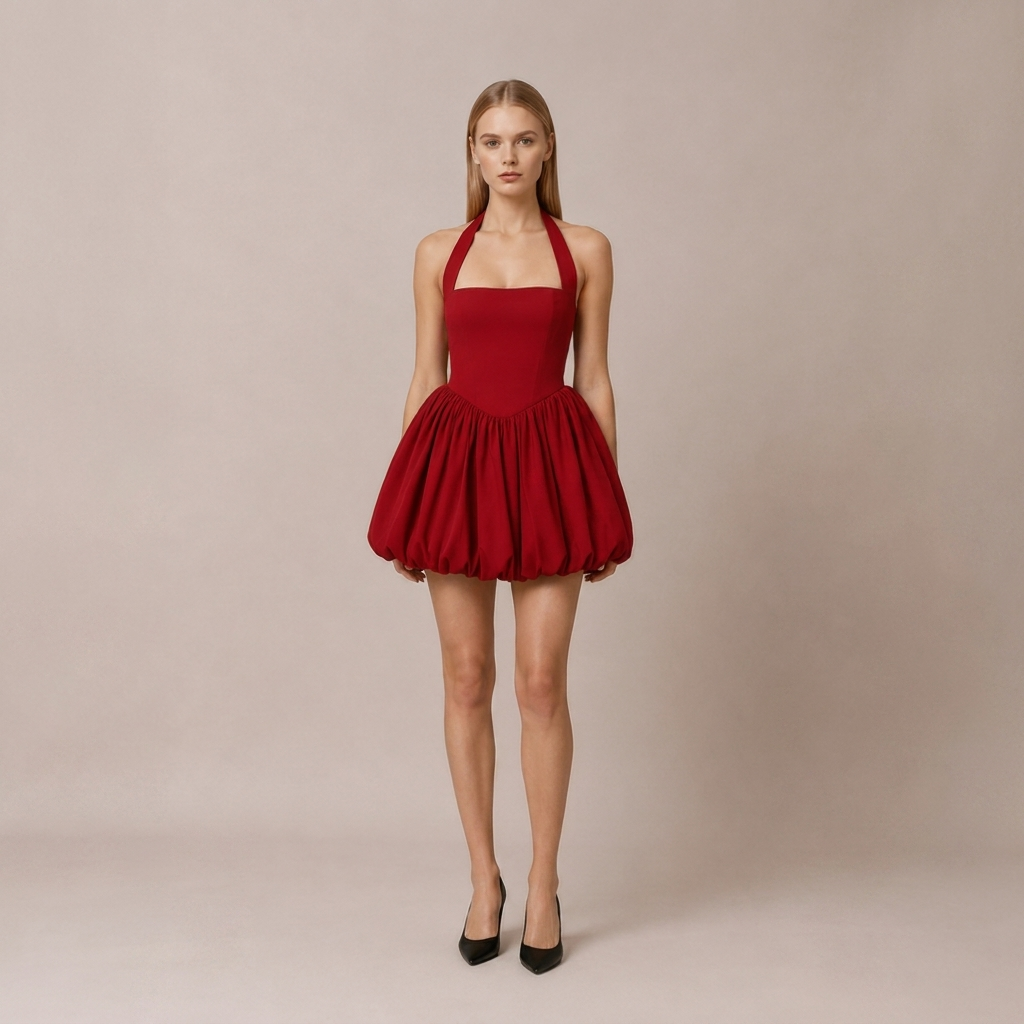 Halterneck Mini Dress with Voluminous Skirt 13