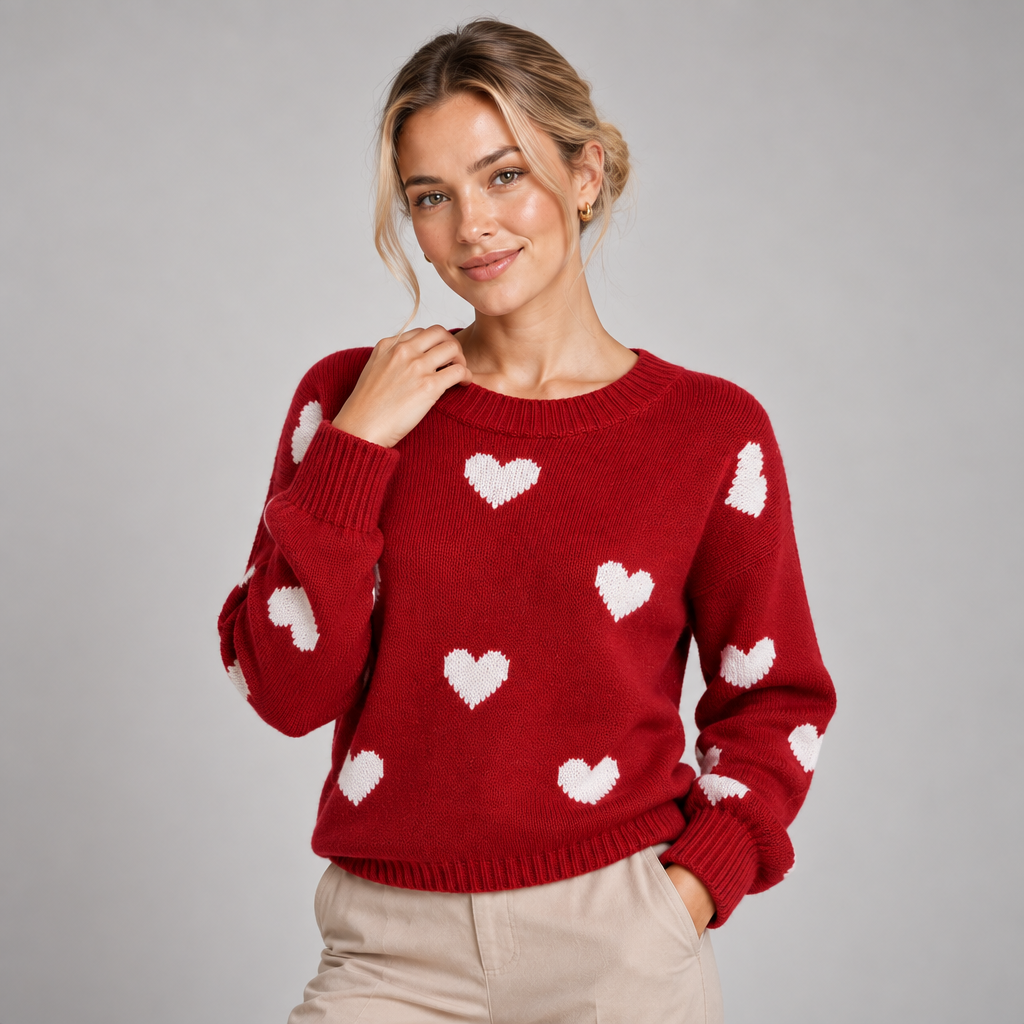 Heart Print Jumper Women Crew Neck Soft Knit 1