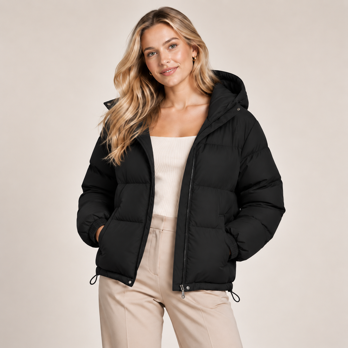 Hooded Puffer Jacket Women Winter Coat with Zip Front 0