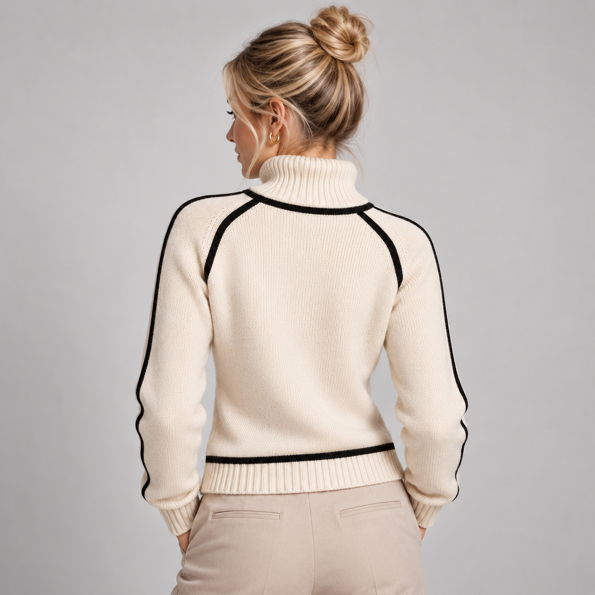 Jumper Women Ribbed Knit High Neck With Contrast Trim 2