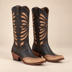 Knee High Cowboy Boots Faux Leather Inlay Panel Snip Toe Stacked Heel 0