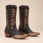Knee High Cowboy Boots Faux Leather Inlay Panel Snip Toe Stacked Heel 5
