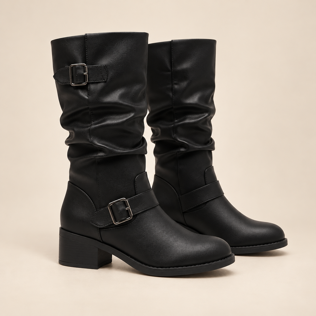 Knee High Slouch Boots with Buckle Straps and Low Block Heel 0