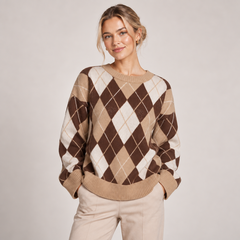 Knitted Argyle Jumper Women Diamond Pattern Crew Neck 0