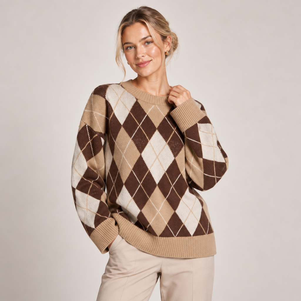 Knitted Argyle Jumper Women Diamond Pattern Crew Neck 1