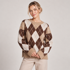 Knitted Argyle Jumper Women Diamond Pattern Crew Neck 2