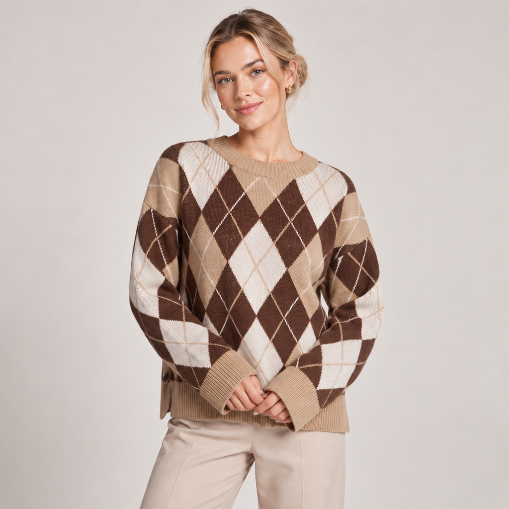 Knitted Argyle Jumper Women Diamond Pattern Crew Neck 2