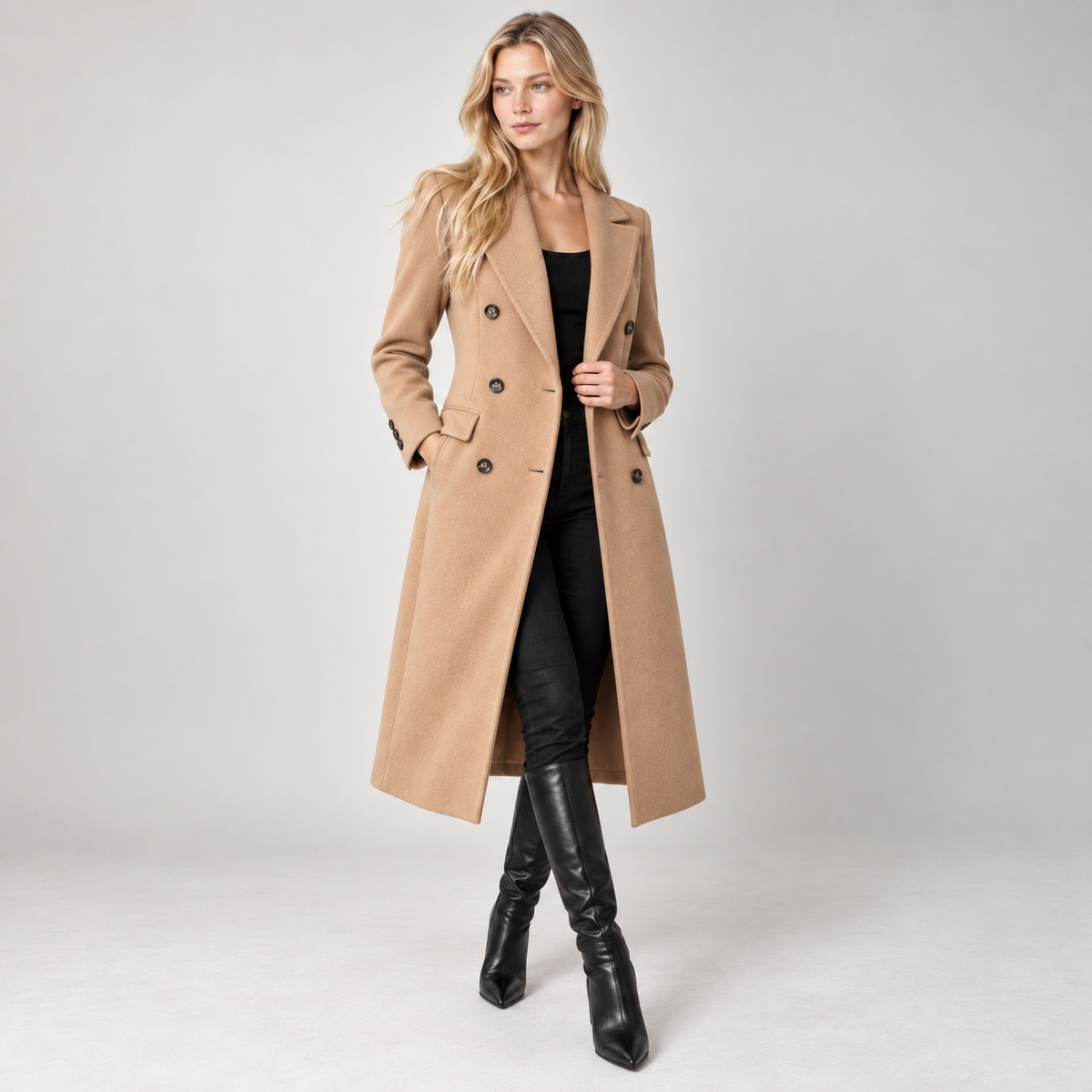 Long Coat Women Double Breasted Tailored Straight Fit with Pockets 0