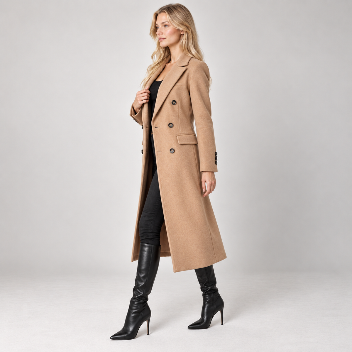 Long Coat Women Double Breasted Tailored Straight Fit with Pockets 1