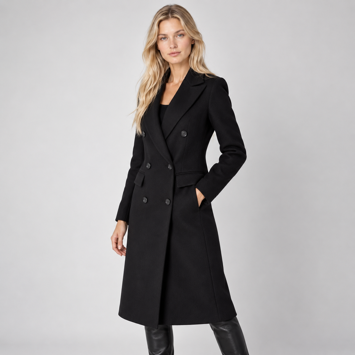 Long Coat Women Double Breasted Tailored Straight Fit with Pockets 3