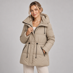 Long Puffer Coat Hooded Quilted With Drawstring Waist 0