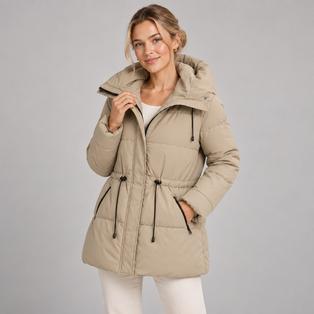 Long Puffer Coat Hooded Quilted With Drawstring Waist 1