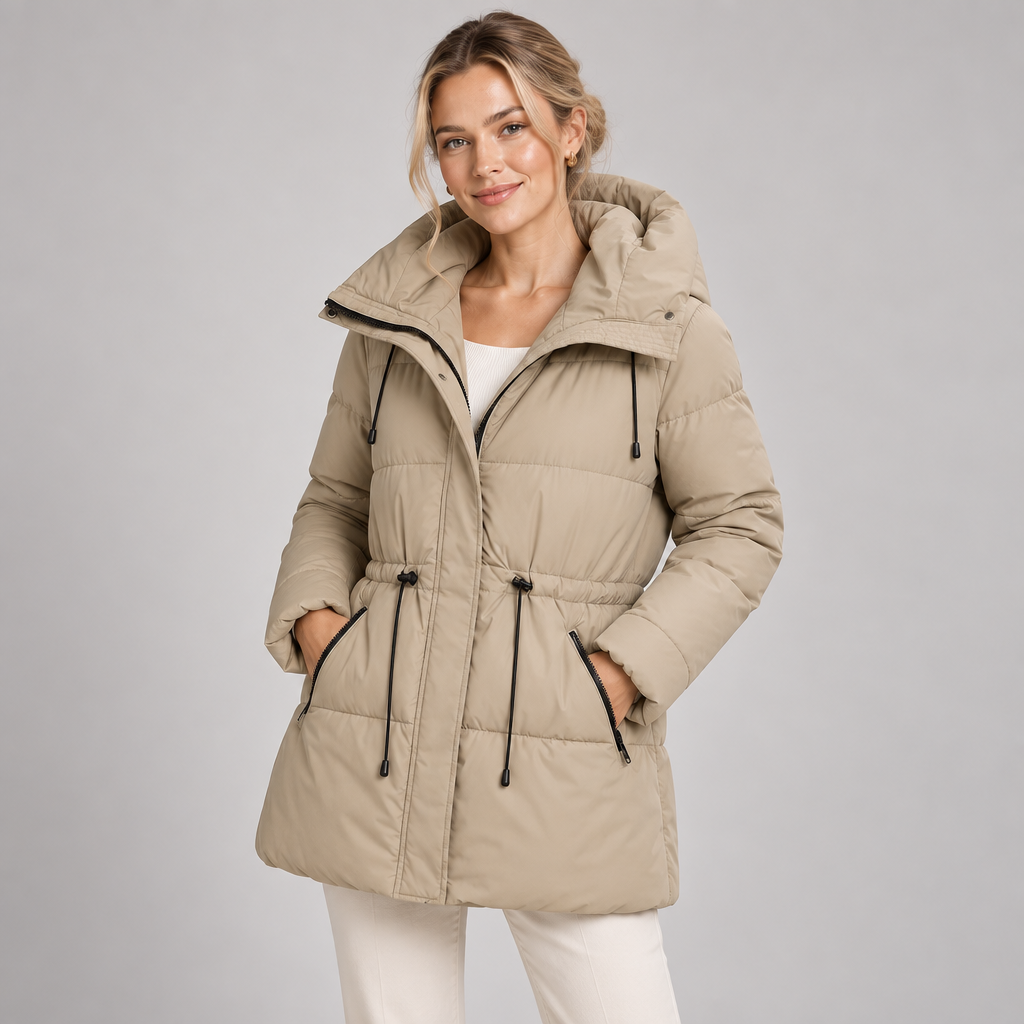 Long Puffer Coat Hooded Quilted With Drawstring Waist 2