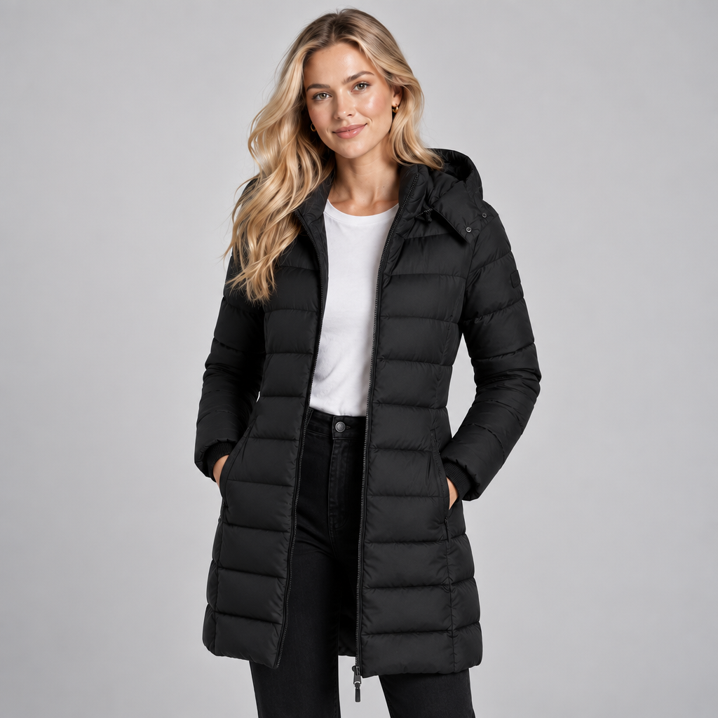 Long Puffer Coat Women Fitted Hooded Quilted Zip Front 0
