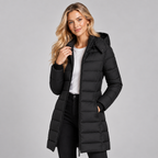 Long Puffer Coat Women Fitted Hooded Quilted Zip Front 1