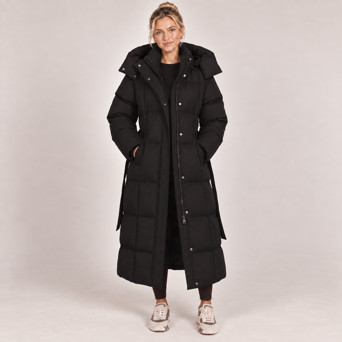 Long Puffer Coat Women Hooded Belted Padded Winter 0