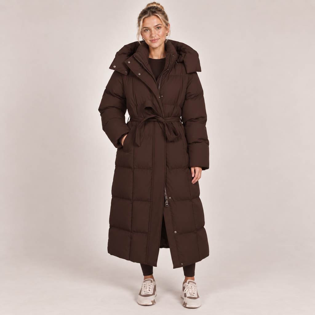 Long Puffer Coat Women Hooded Belted Padded Winter 1