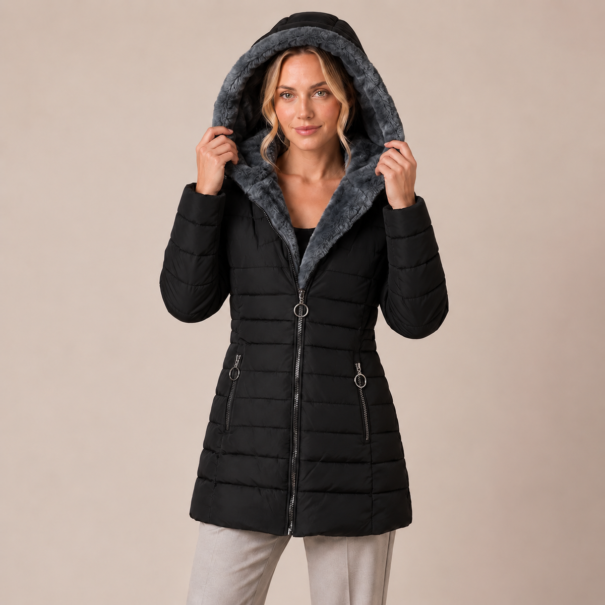 Long Puffer Coat Women Quilted Padded with Oversized Hood 1