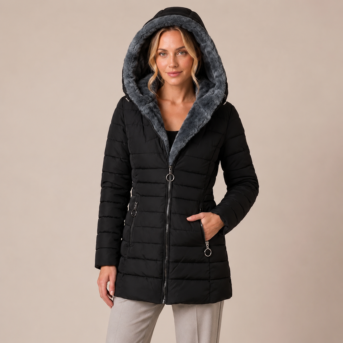 Long Puffer Coat Women Quilted Padded with Oversized Hood 2