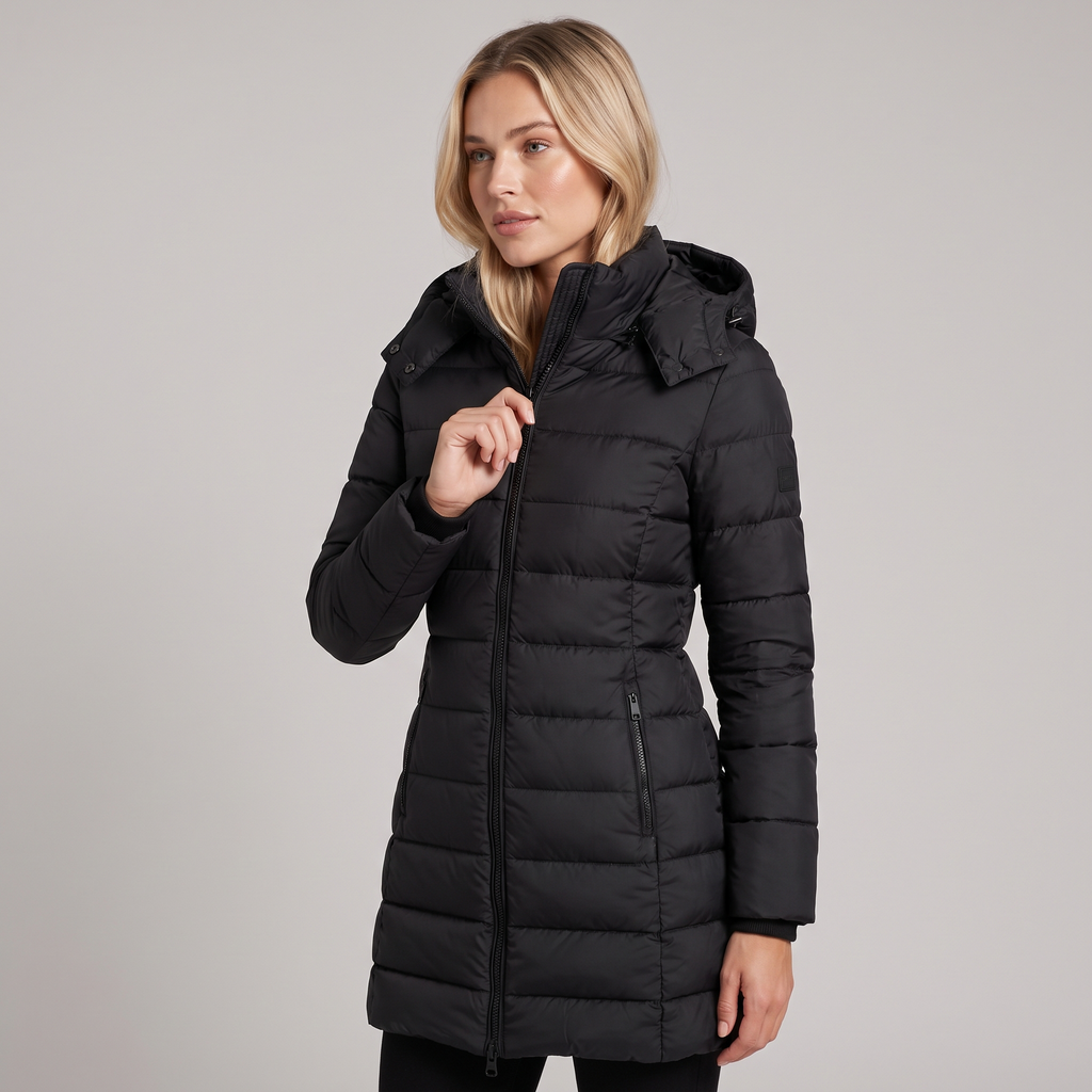 Long Puffer Coat Women with Hood Quilted Fitted Winter Coat 1
