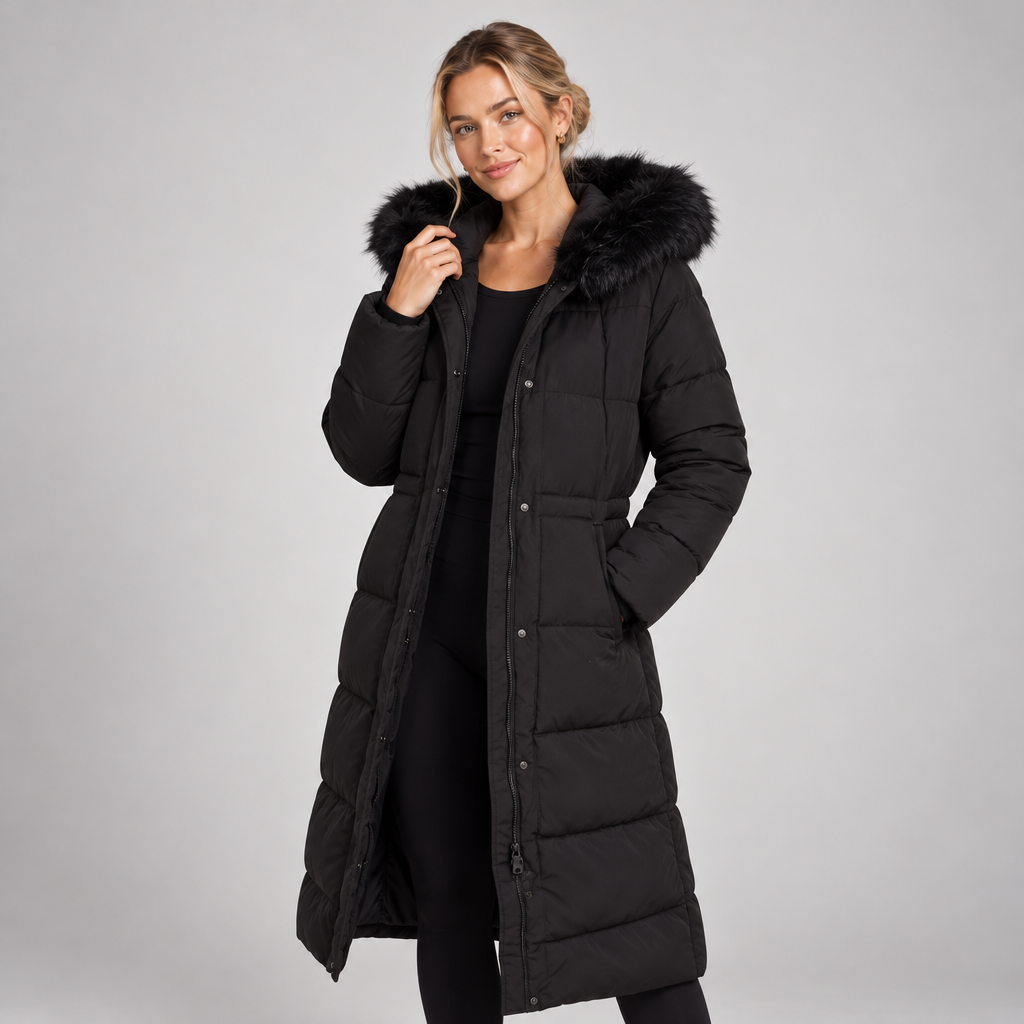 Long Puffer Winter Coat with Faux Fur Hood Quilted Fitted Waist 0