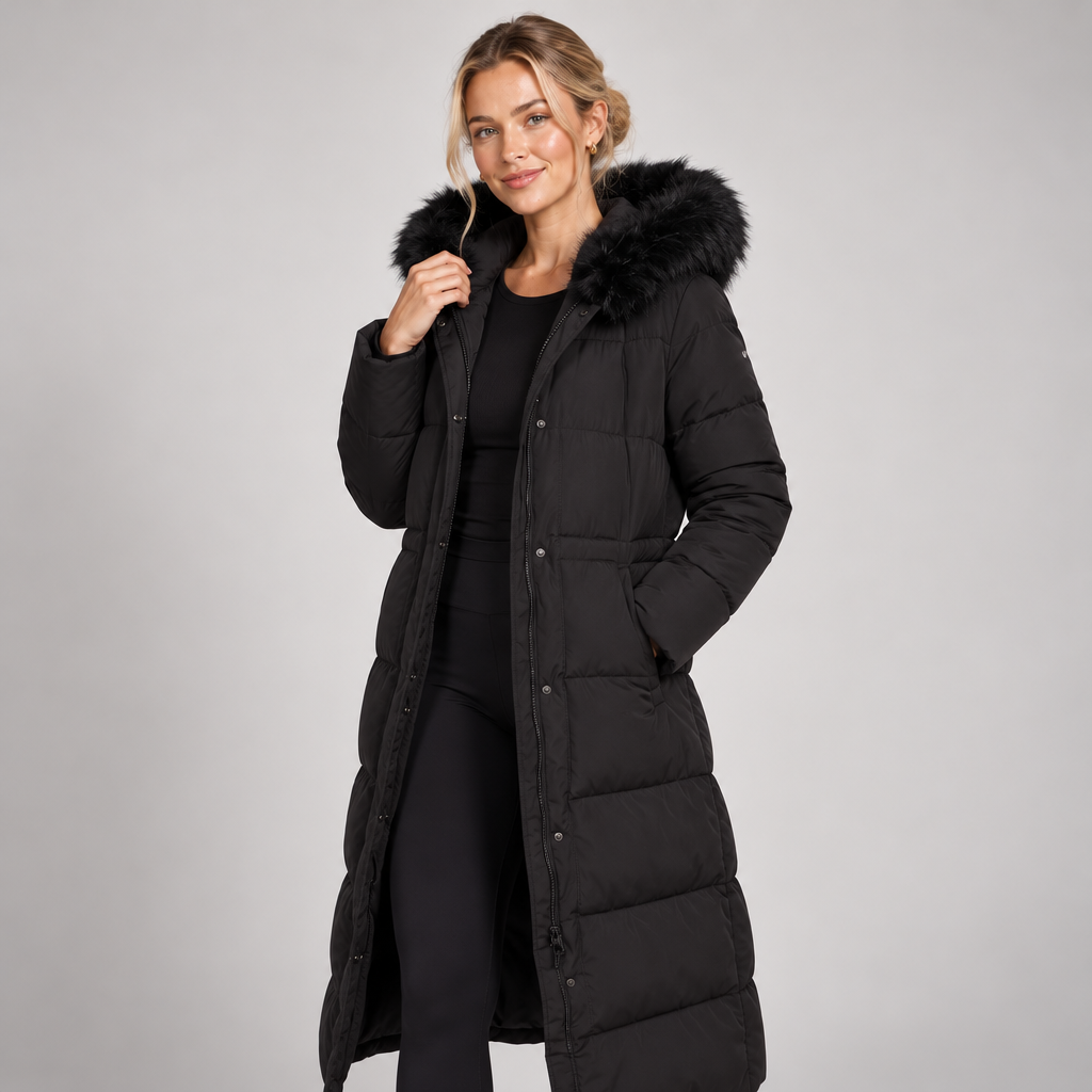 Long Puffer Winter Coat with Faux Fur Hood Quilted Fitted Waist 1