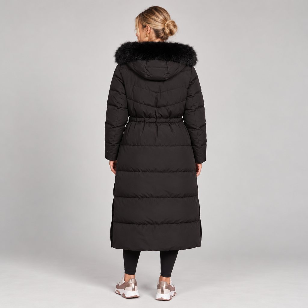 Long Puffer Winter Coat with Faux Fur Hood Quilted Fitted Waist 2
