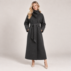 Long Wool Coat Women Belted with Funnel Neck and Pockets 0