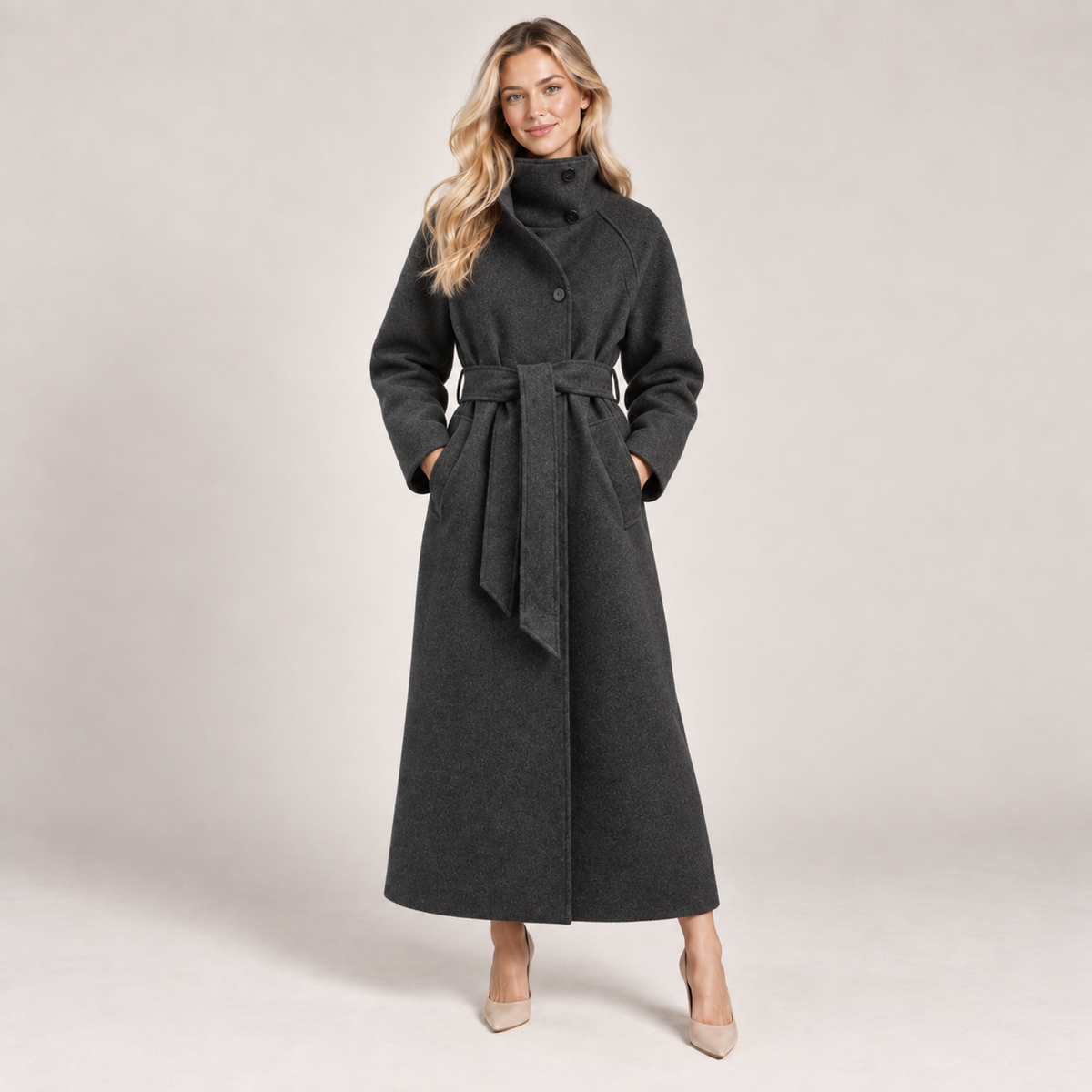 Long Wool Coat Women Belted with Funnel Neck and Pockets 0